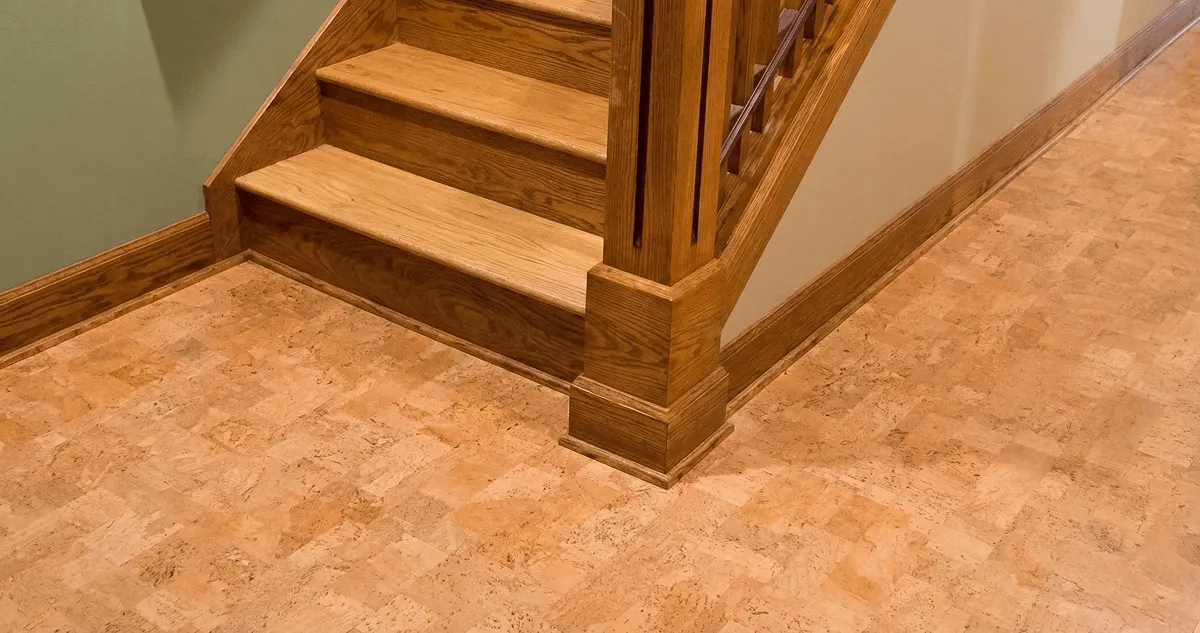End of a staircase with cork flooring in San Francisco, CA