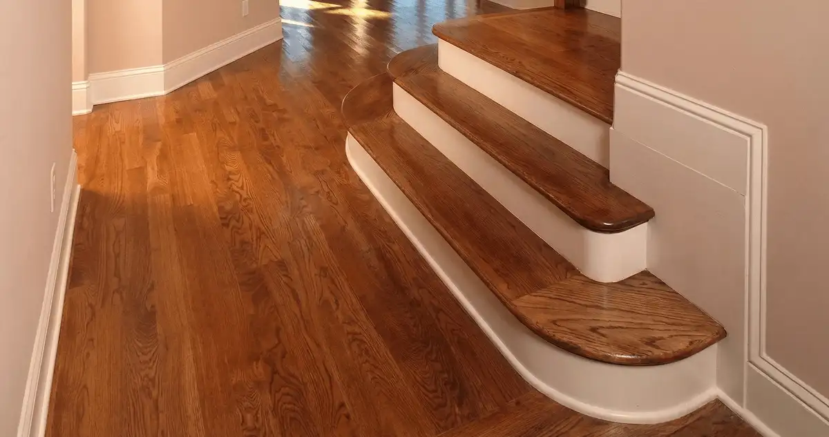 Base floor of a staircase with professionally restored wood flooring in San Francisco CA