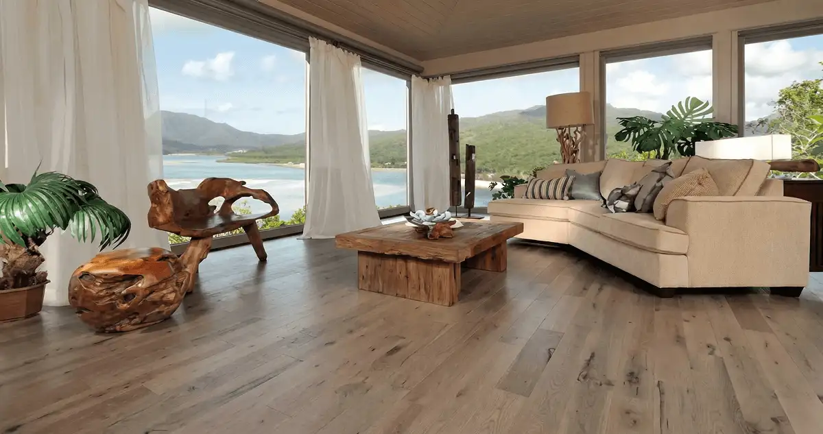 Professionally installed vinyl flooring in a modern living room with large windows in San Francisco, CA